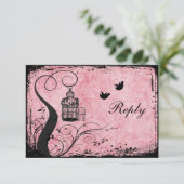 Roze en Zwarte Vogelkooi Onvolprezen Anwoordkaart RSVP Kaartje (Staand voorkant)