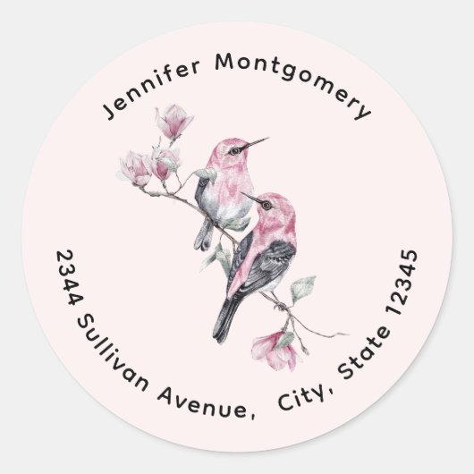 Roze en zwarte vogels op een boomtak adres ronde sticker (Voorkant)