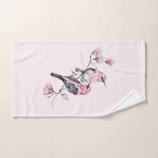 Roze en zwarte vogels op een boomtak bad handdoek (Handdoek)