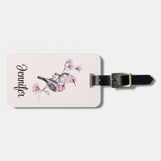 Roze en zwarte vogels op een boomtak bagagelabel (Voorkant horizontaal)