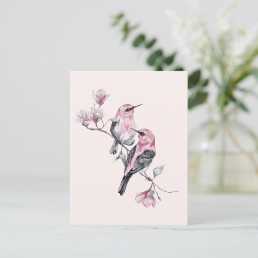 Roze en zwarte vogels op een boomtak briefkaart (Staand voorkant)