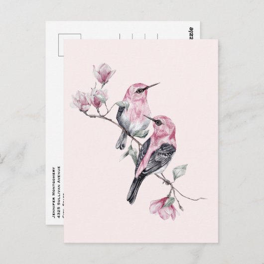 Roze en zwarte vogels op een boomtak briefkaart (Voorkant / Achterkant)