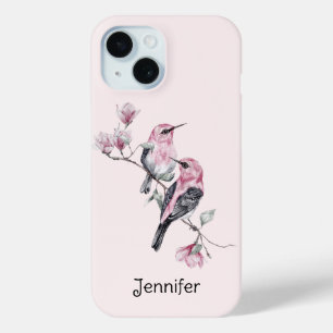 Roze en zwarte vogels op een boomtak iPhone 15 case