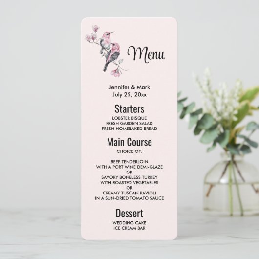 Roze en zwarte vogels op een boomtak kaart (Staand voorkant)