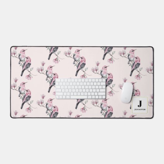 Roze en zwarte vogels op een boomtak monogram bureaumat (Keyboard & Muis)