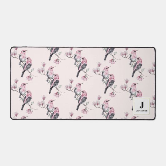 Roze en zwarte vogels op een boomtak monogram bureaumat (Voorkant)