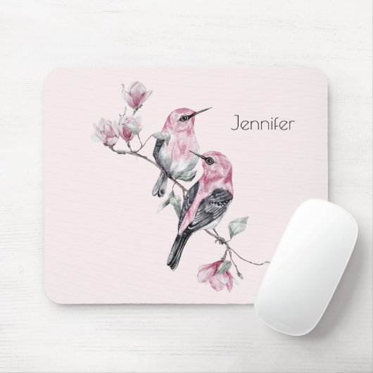 Roze en zwarte vogels op een boomtak muismat (Met muis)