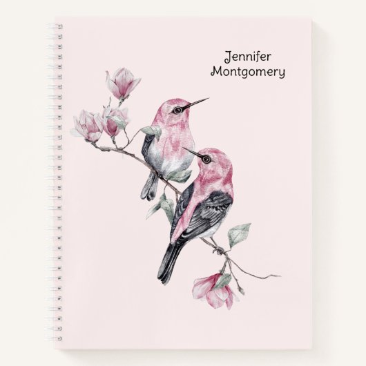 Roze en zwarte vogels op een boomtak notitieboek (Voorkant)