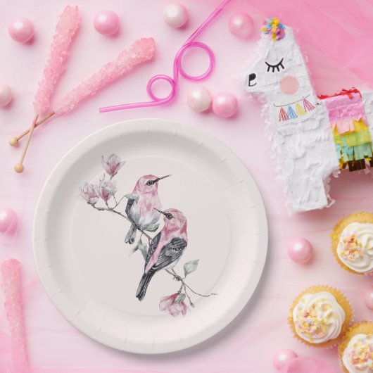 Roze en zwarte vogels op een boomtak papieren bordje (Feest)