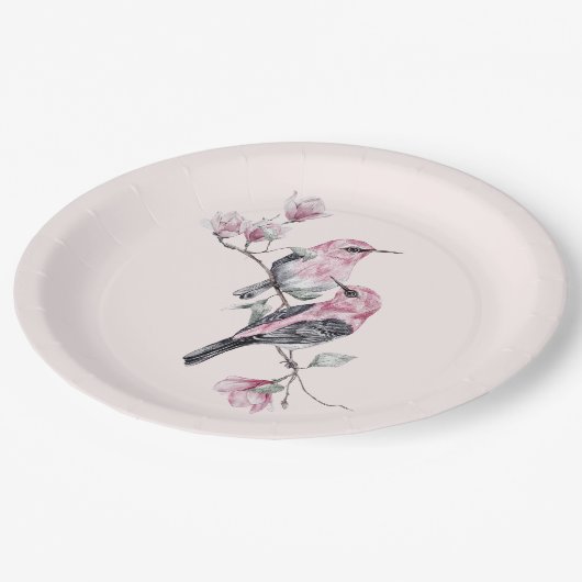 Roze en zwarte vogels op een boomtak papieren bordje (Gekanteld)