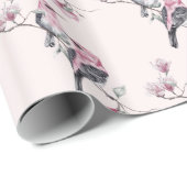 Roze en zwarte vogels op een boomtak patroon cadeaupapier (Rol Hoek)