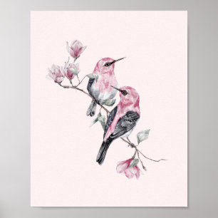 Roze en zwarte vogels op een boomtak poster
