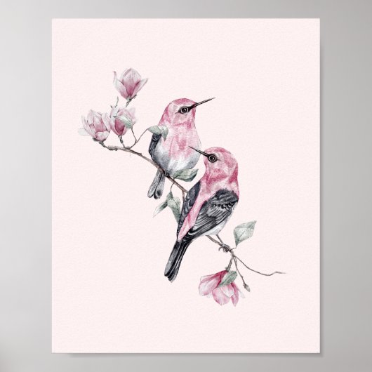 Roze en zwarte vogels op een boomtak poster (Voorkant)