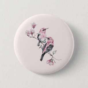 Roze en zwarte vogels op een boomtak ronde button 5,7 cm