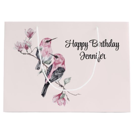 Roze en zwarte vogels op een boomtak Verjaardag Groot Cadeauzakje (Voorkant)