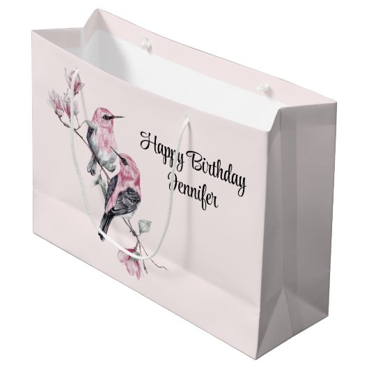 Roze en zwarte vogels op een boomtak Verjaardag Groot Cadeauzakje (Voorkant Gekanteld)