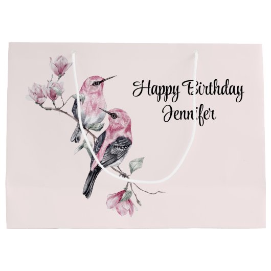 Roze en zwarte vogels op een boomtak Verjaardag Groot Cadeauzakje (Achterkant)