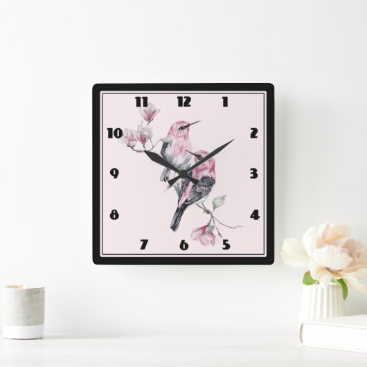 Roze en zwarte vogels op een boomtak vierkante klok (Huis)
