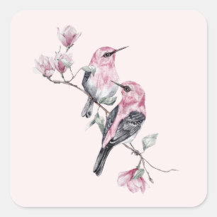 Roze en zwarte vogels op een boomtak vierkante sticker