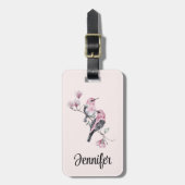 Roze en Zwarte Vogels op een Tak Bagagelabel (Voorkant verticaal)