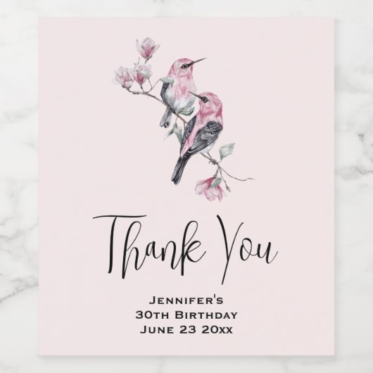 Roze en zwarte vogels op een tak feest Dank u Wijn Etiket (Enkel label)