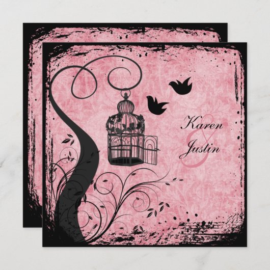 Roze en zwarte vogelvogels op Linen Invite Kaart (Voorkant / Achterkant)