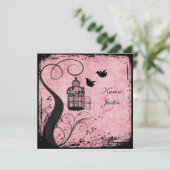 Roze en zwarte vogelvogels op Linen Invite Kaart (Staand voorkant)