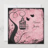 Roze en zwarte vogelvogels op Linen Invite Kaart (Voorkant)