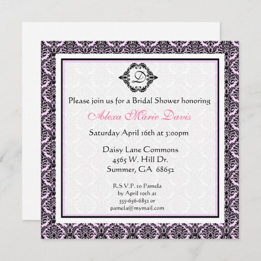 Roze en zwarte Vrijgezellenfeest Damask Invitation Kaart (Voorkant / Achterkant)