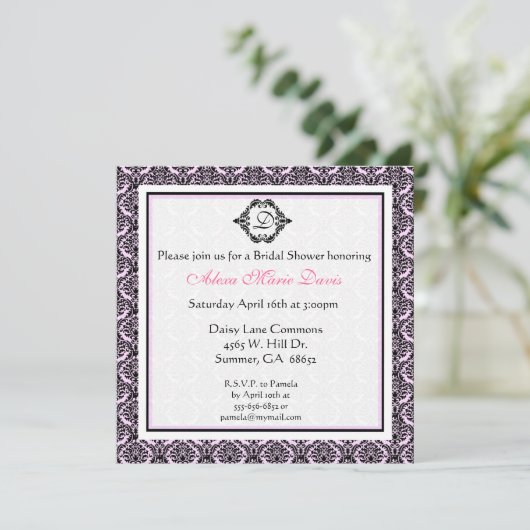 Roze en zwarte Vrijgezellenfeest Damask Invitation Kaart (Staand voorkant)