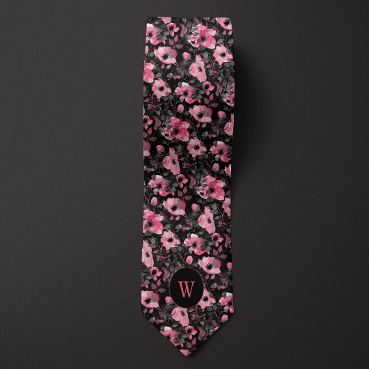 Roze en Zwarte Waterverf Floral Monogram Stropdas
