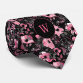 Roze en Zwarte Waterverf Floral Monogram Stropdas (Opgerold)