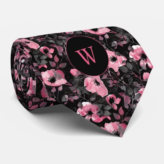 Roze en Zwarte Waterverf Floral Monogram Stropdas (Opgerold)