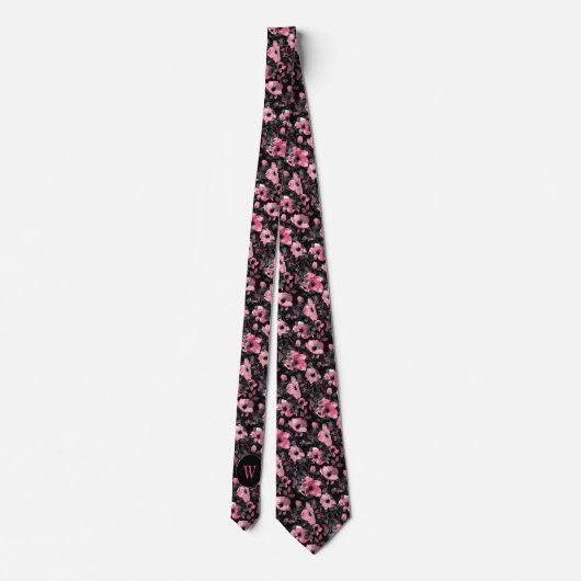 Roze en Zwarte Waterverf Floral Monogram Stropdas (Achterkant)