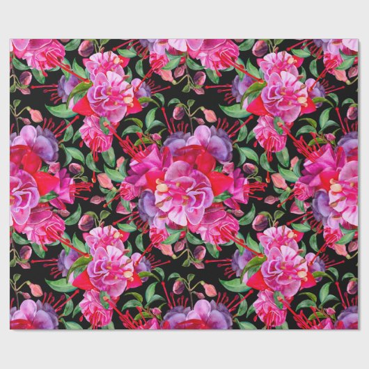 Roze en zwarte Waterverf Fuchsia bloeit Cadeaupapier (Vlak)