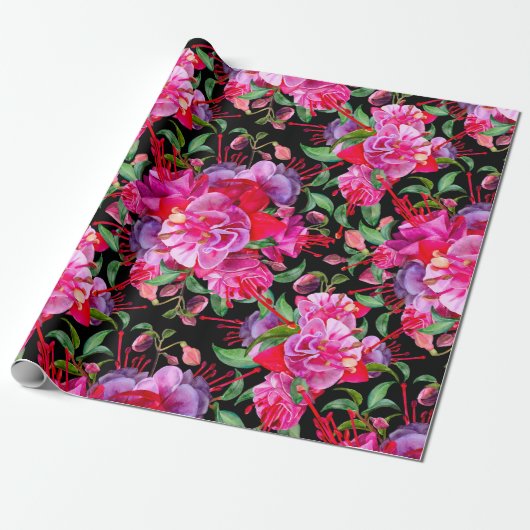 Roze en zwarte Waterverf Fuchsia bloeit Cadeaupapier (Uitgerold)