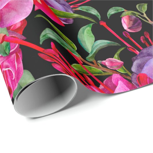 Roze en zwarte Waterverf Fuchsia bloeit Cadeaupapier (Rol Hoek)