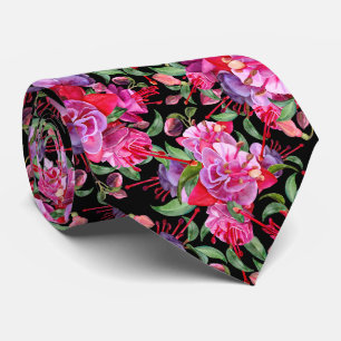 Roze en zwarte Waterverf Fuchsia bloeit Stropdas