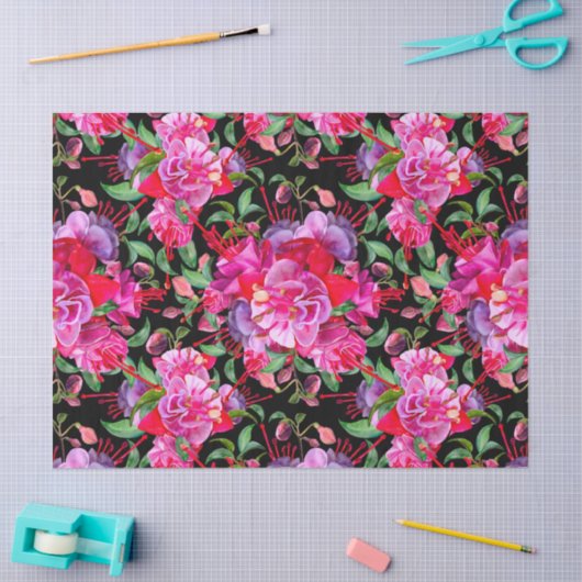 Roze en zwarte Waterverf Fuchsia bloeit Tissuepapier (Craft)