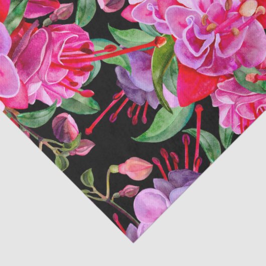 Roze en zwarte Waterverf Fuchsia bloeit Tissuepapier (Detail)