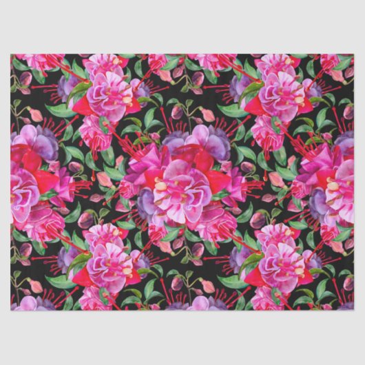 Roze en zwarte Waterverf Fuchsia bloeit Tissuepapier (Voorkant)