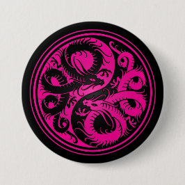 Roze en zwarte Yin Yang Chinese Dragons Ronde Button 7,6 Cm