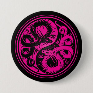 Roze en zwarte Yin Yang Chinese Dragons Ronde Button 7,6 Cm