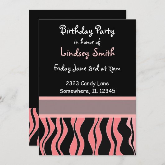 Roze en zwarte zebra Afdrukdag uitnodiging (Voorkant / Achterkant)