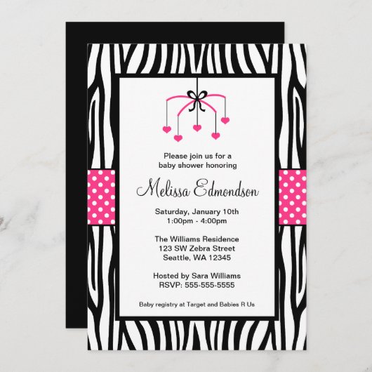 Roze en zwarte Zebra Baby shower Kaart (Voorkant / Achterkant)