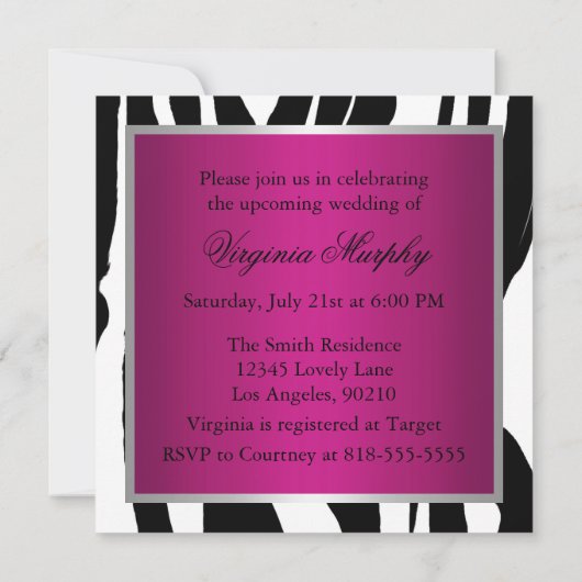 Roze en zwarte Zebra Bachelorette Party Kaart (Achterkant)