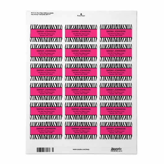 Roze en zwarte Zebra Etiket (Full Sheet)