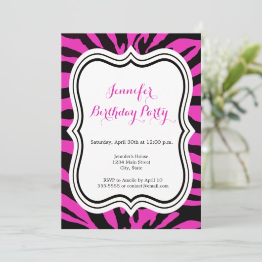Roze en zwarte zebra mode, blije verjaardag kaart (Staand voorkant)