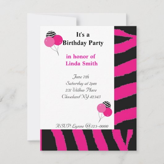 Roze en zwarte Zebra Pattern Birthday Invitation Kaart (Voorkant)