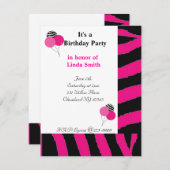 Roze en zwarte Zebra Pattern Birthday Invitation Kaart (Voorkant / Achterkant)